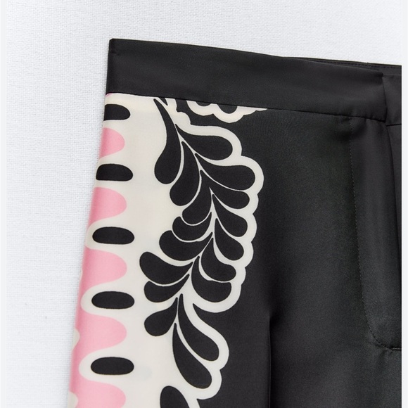 Zara NWT print straight cut pants satin effect pink black - Picture 4 of 5